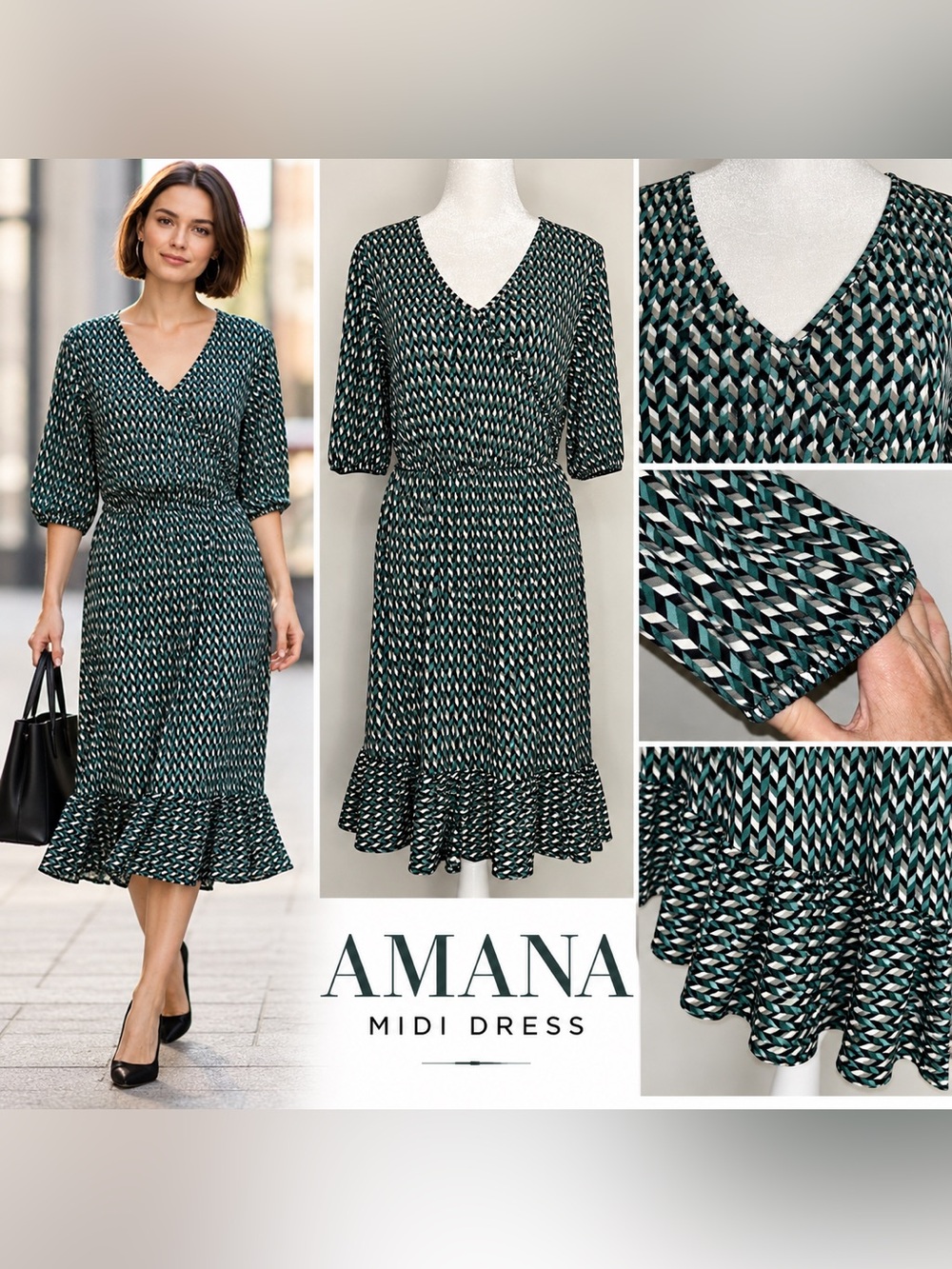 Amana Teal Geometric Print V Neck Midi Dress L